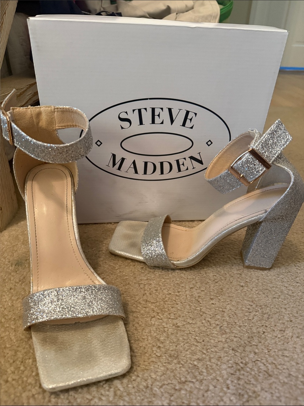 Steve Madden Silver Glitter Block Heel Sandals with Ankle Buckle